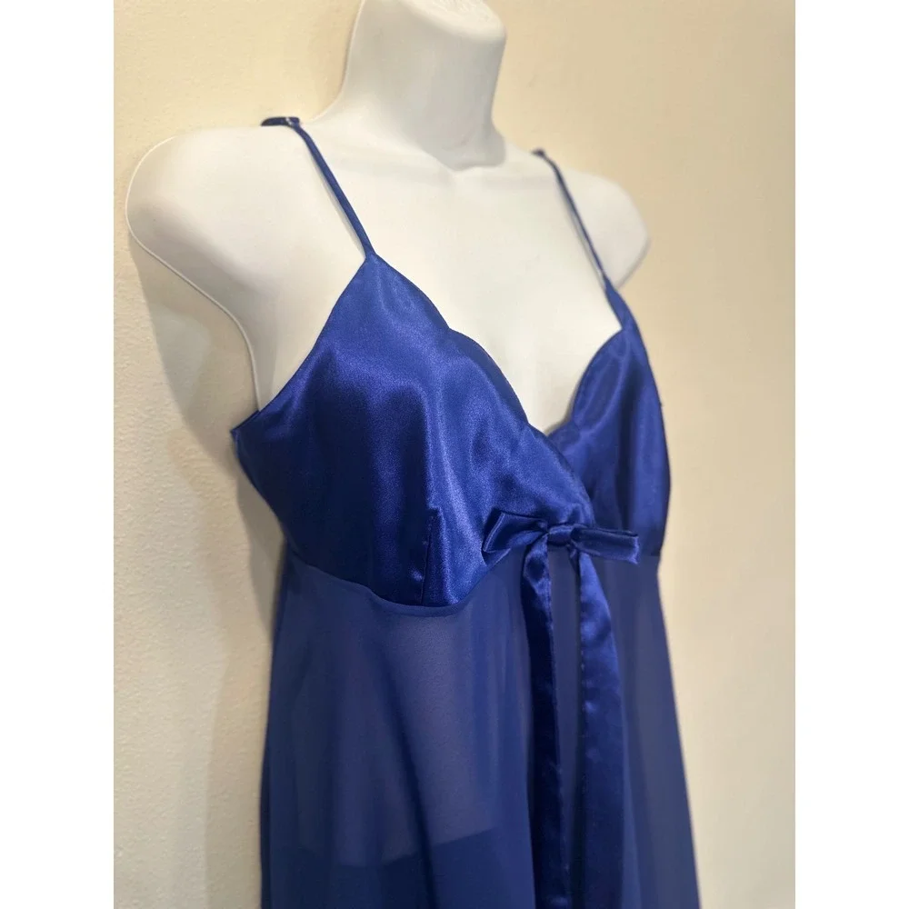 Victoria's Secret Royal Blue Satin Sheer Babydoll‎ Chemise Lingerie Nightie L